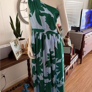 Source Unknown One-Shoulder Green and Light Blue Floral Maxi Dress